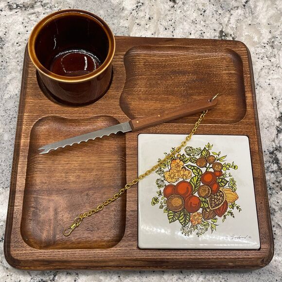 Vtg Good Wood Cheese Charcuterie Board Japan Pottery Bowl Box MCM 70s 1022 - Picture 1 of 9